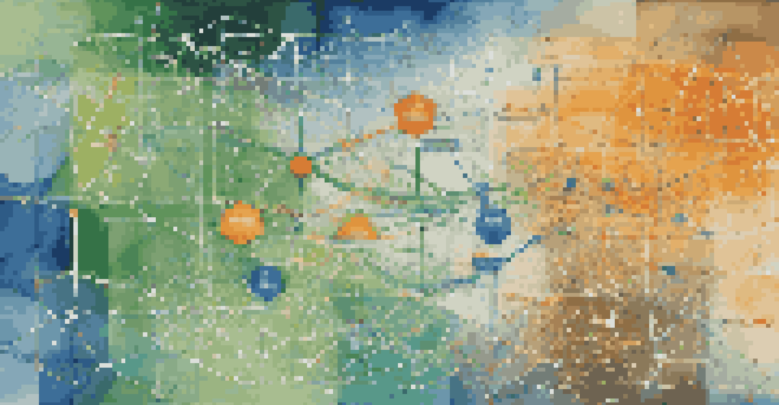 An abstract visualization of a digital twin showing interconnected nodes and pathways in a vibrant color scheme, set against a grid-patterned background.