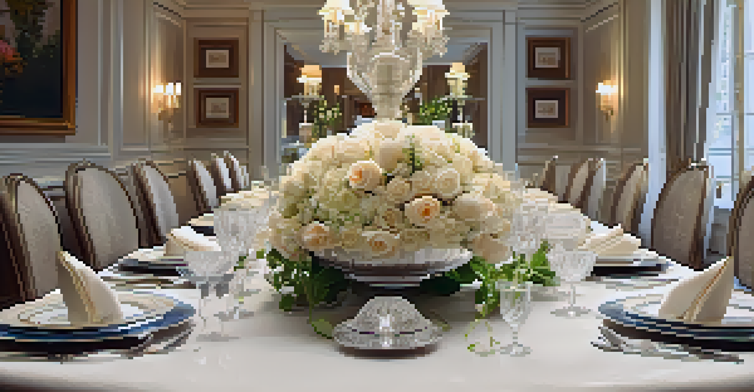 A formal dining table elegantly set with fine china, silverware, and floral arrangements, illuminated by candlelight.