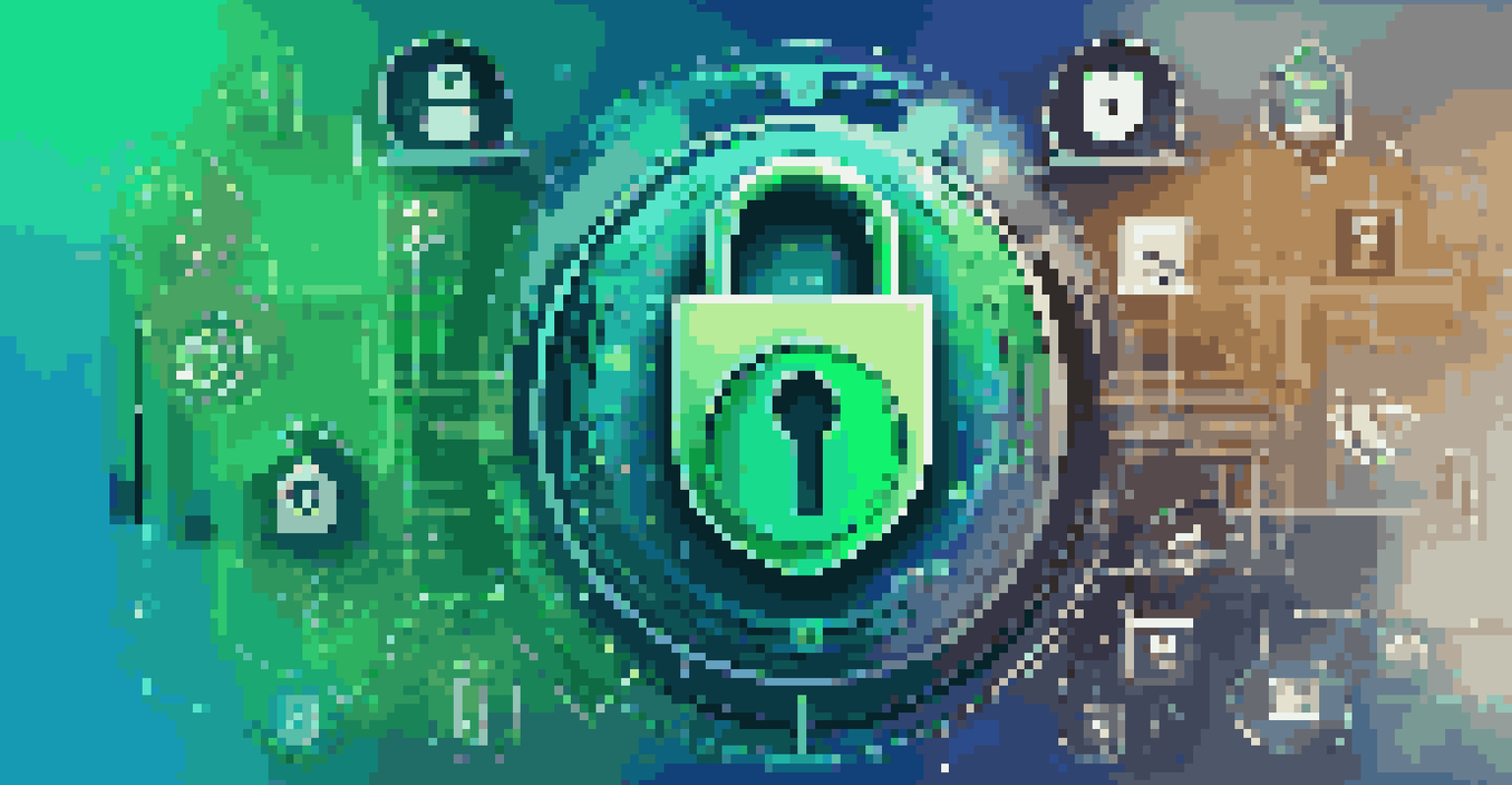 An abstract digital lock symbol surrounded by media icons, set against a blue and green gradient background.