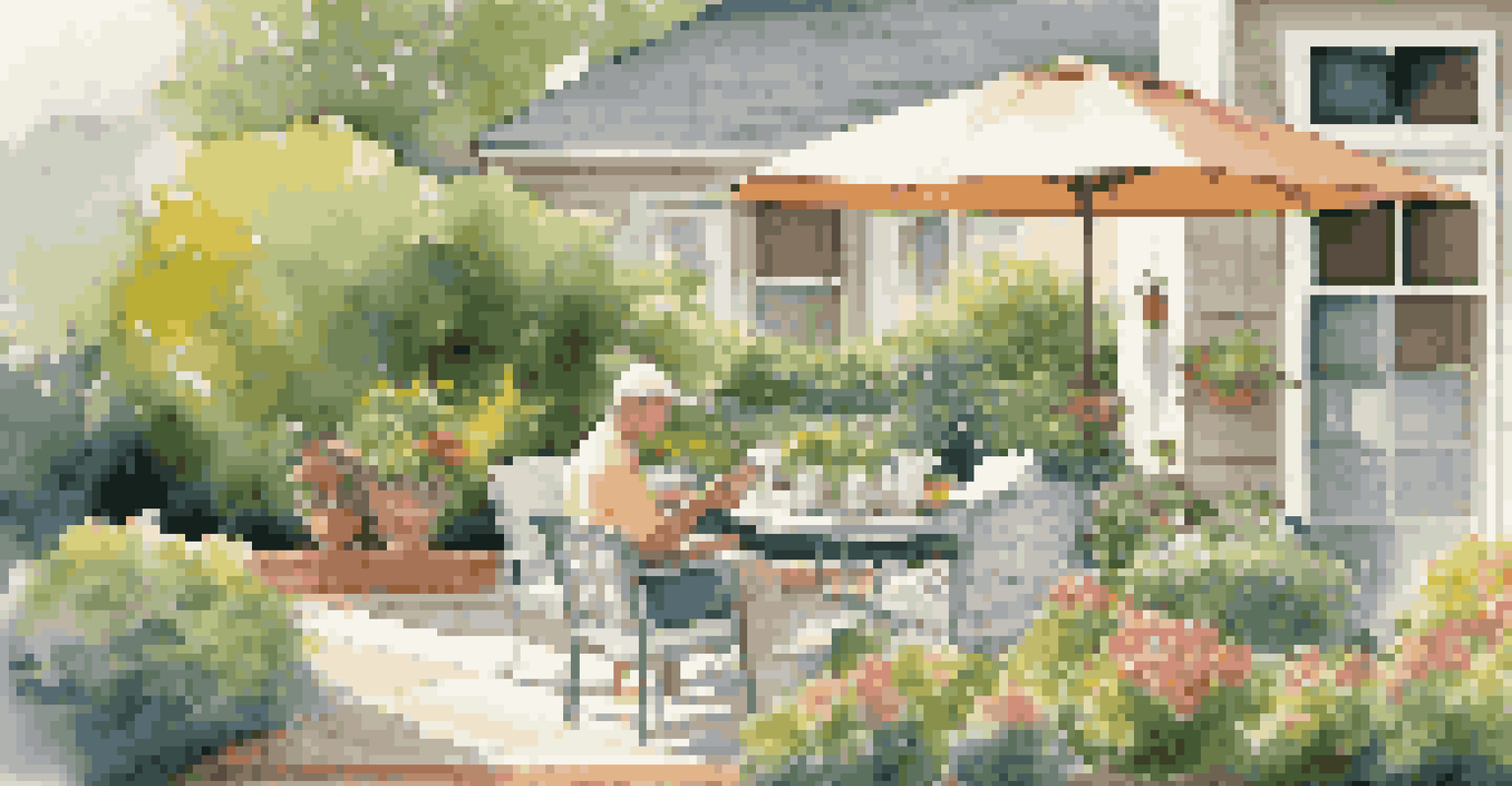 A homeowner using a smartphone to control a smart irrigation system while enjoying coffee on a patio, with a vibrant garden in the background.