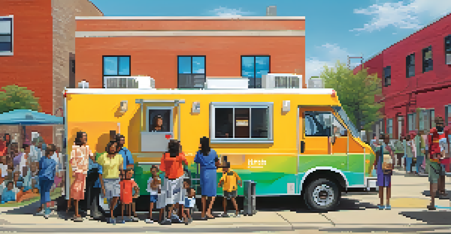 A mobile health unit in an urban area with digital screens and people approaching for services.