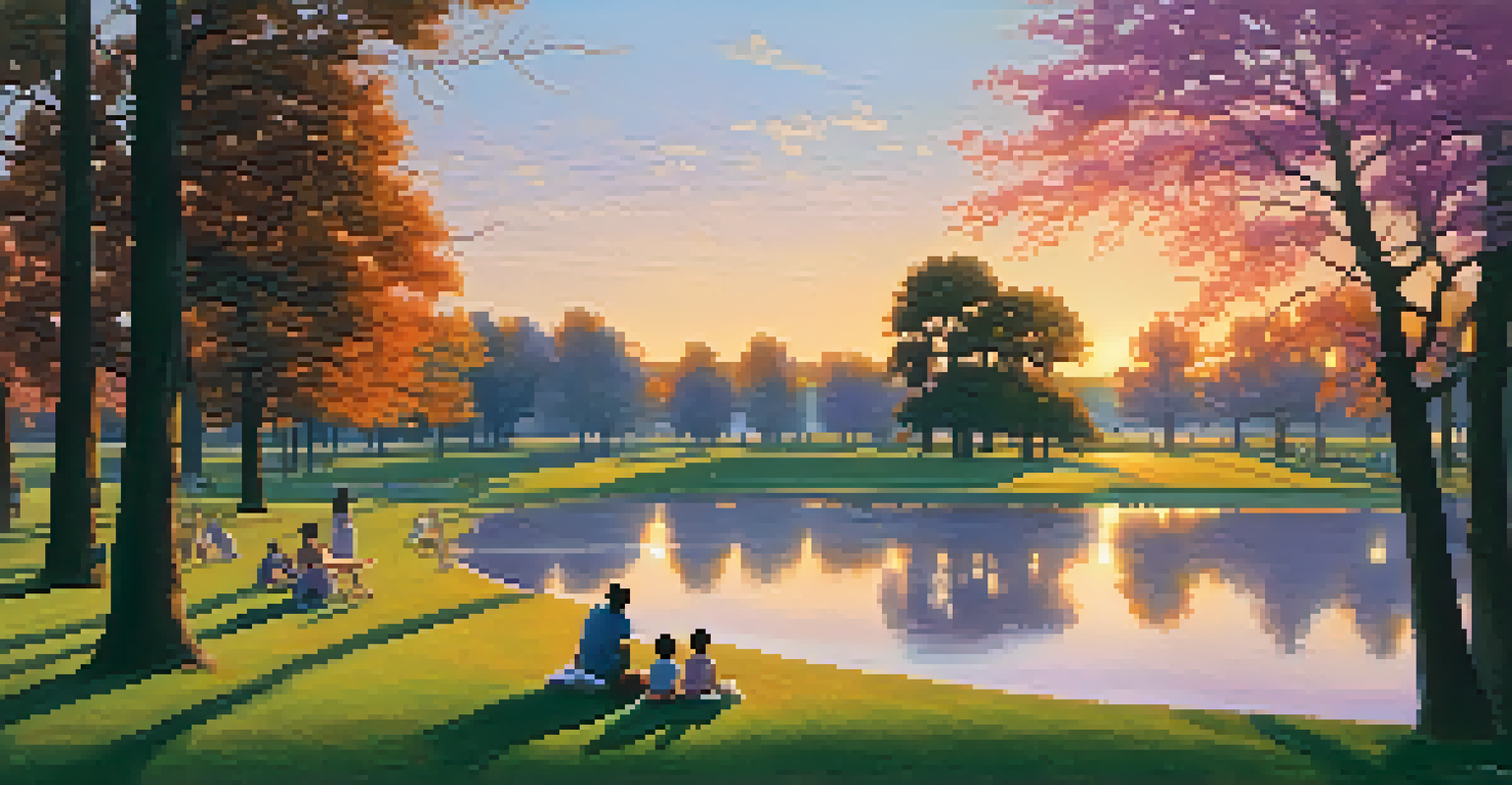 A tranquil park at sunset with families picnicking and children playing, vibrant sky colors.