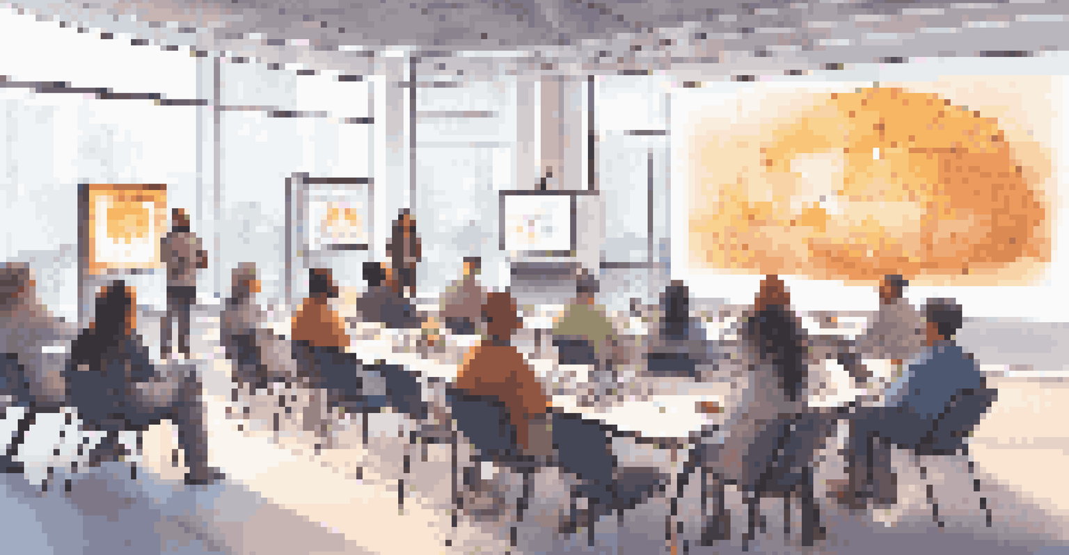 A group of diverse individuals in a workshop learning about cryptocurrency, with charts and a screen displaying blockchain concepts.