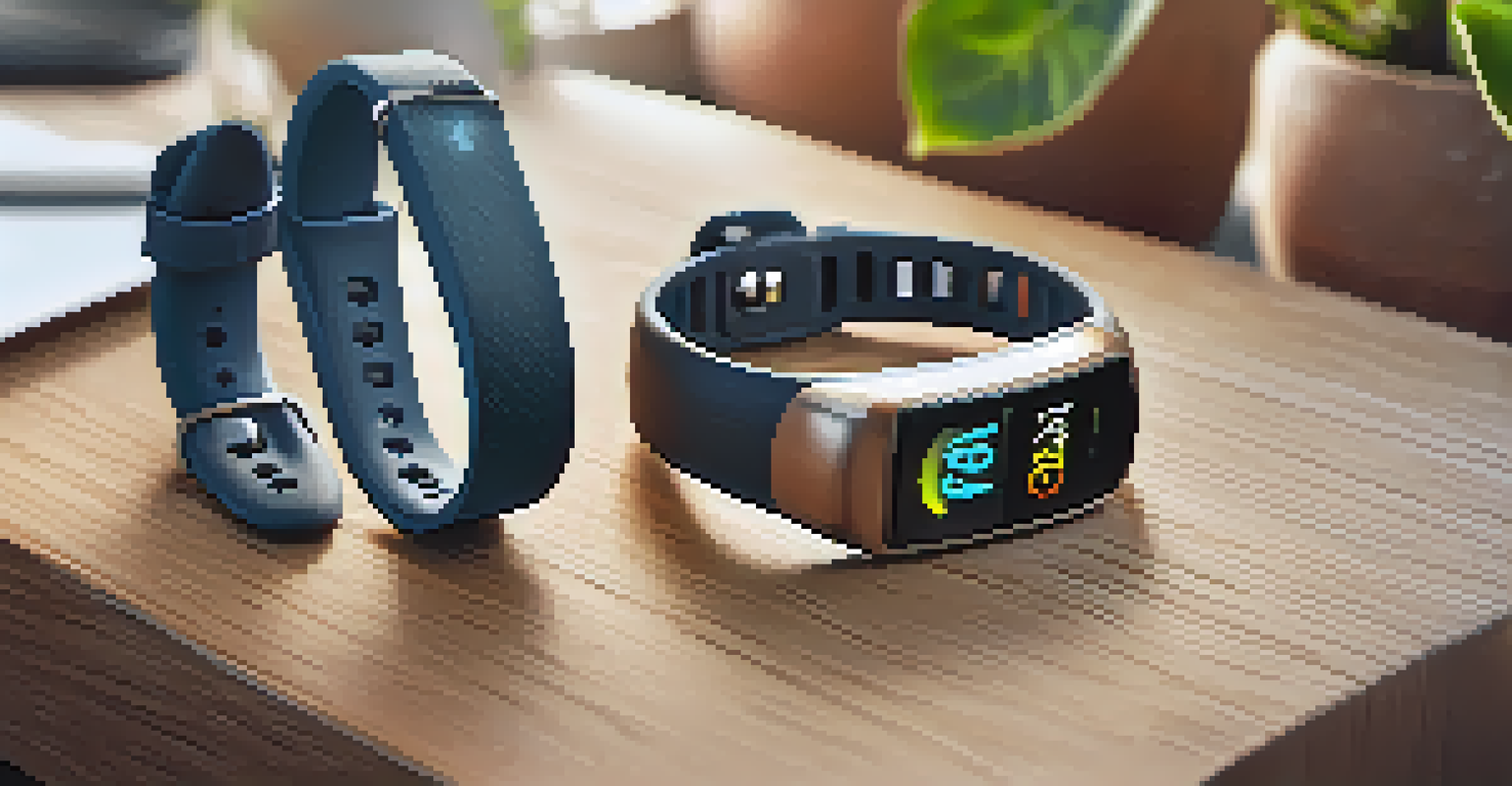 A collection of wearable technology devices on a wooden table with soft natural lighting.