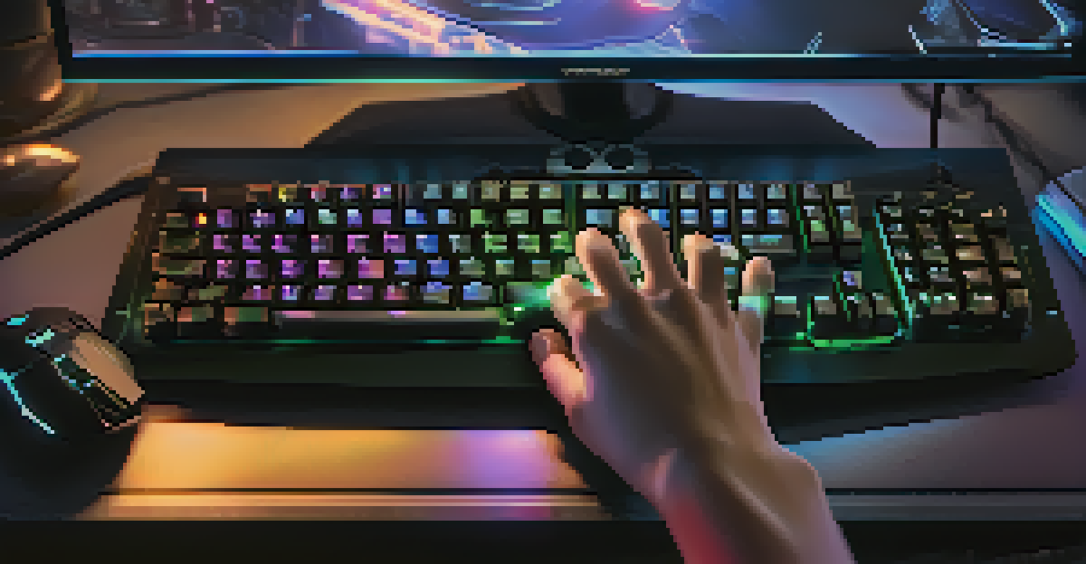 A close-up of hands on a gaming keyboard and mouse, with a blurred screen showing a popular game in the background.