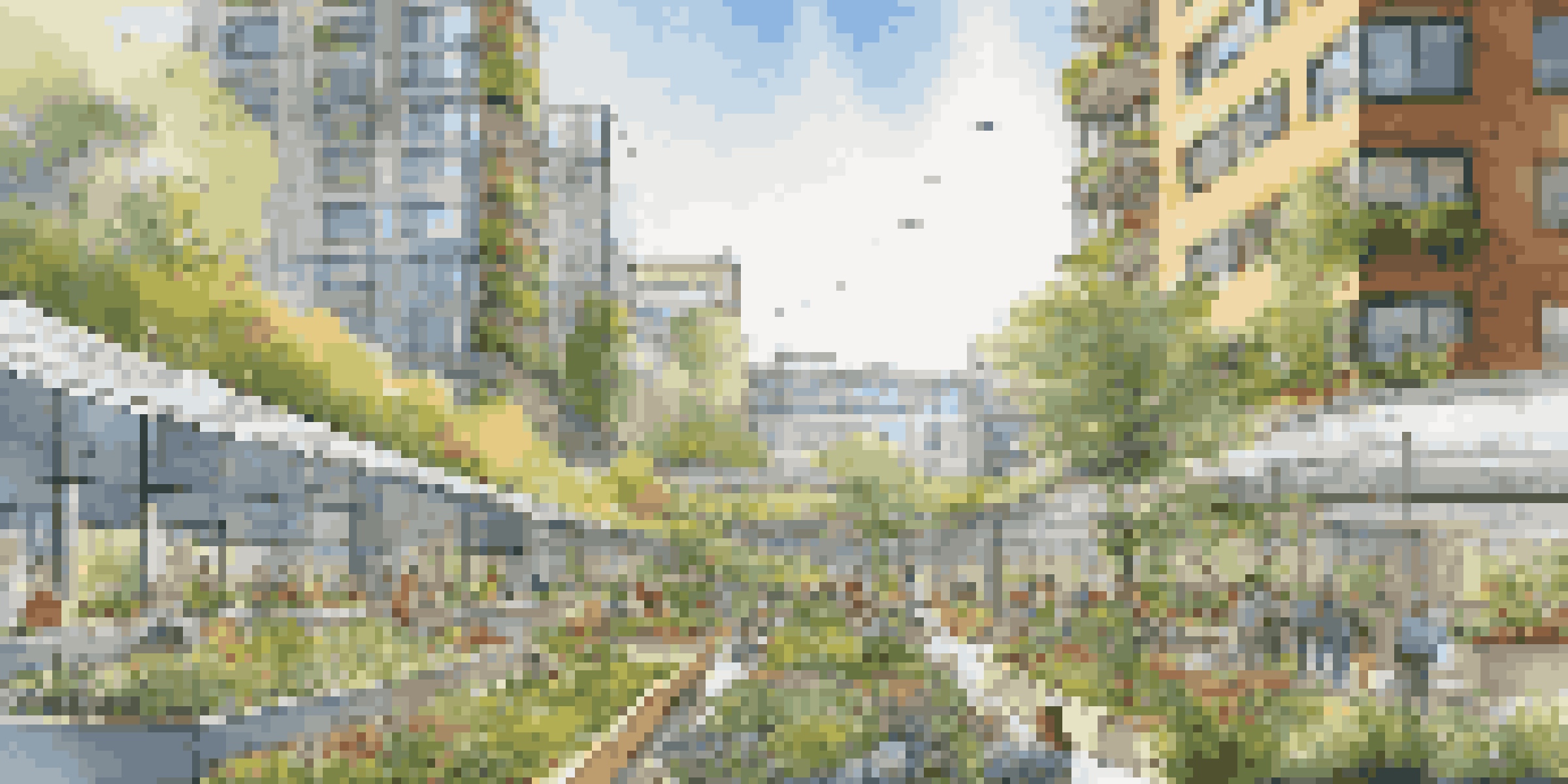 A city scene featuring sustainable buildings with green roofs, a community garden, and electric buses, under a clear blue sky.