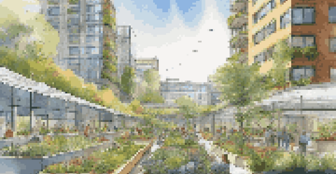 A city scene featuring sustainable buildings with green roofs, a community garden, and electric buses, under a clear blue sky.