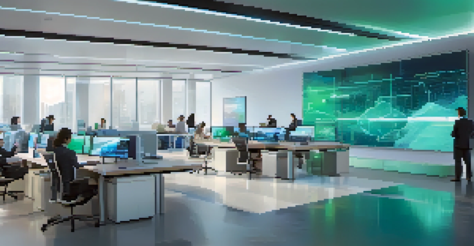 A diverse group of professionals working together in a modern office, utilizing advanced AI tools and surrounded by data visualizations.