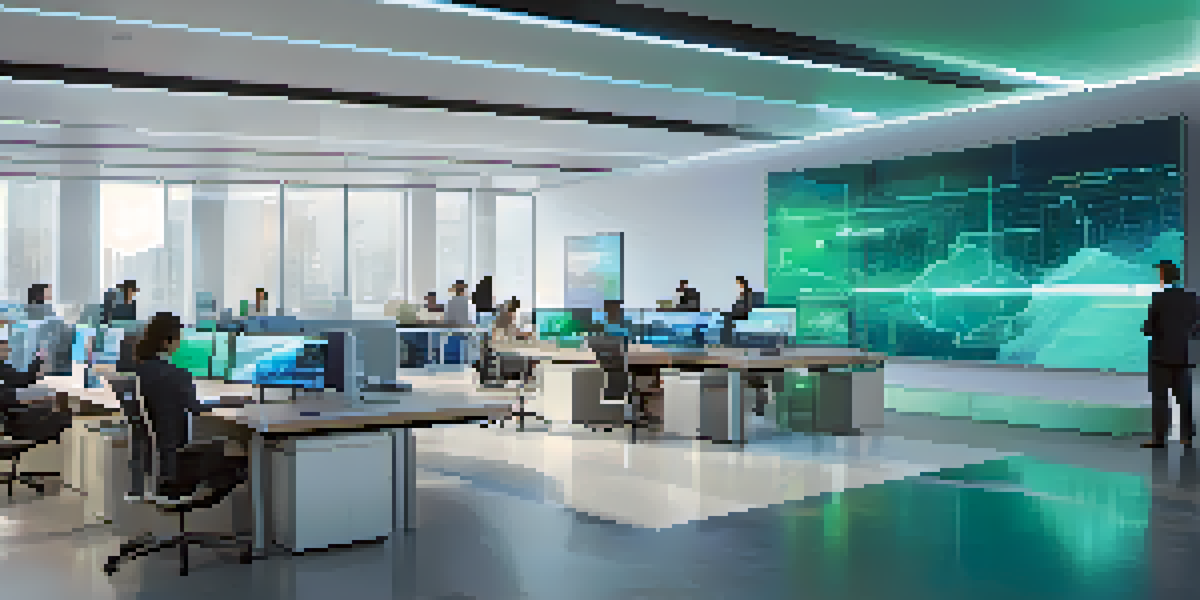 A diverse group of professionals working together in a modern office, utilizing advanced AI tools and surrounded by data visualizations.