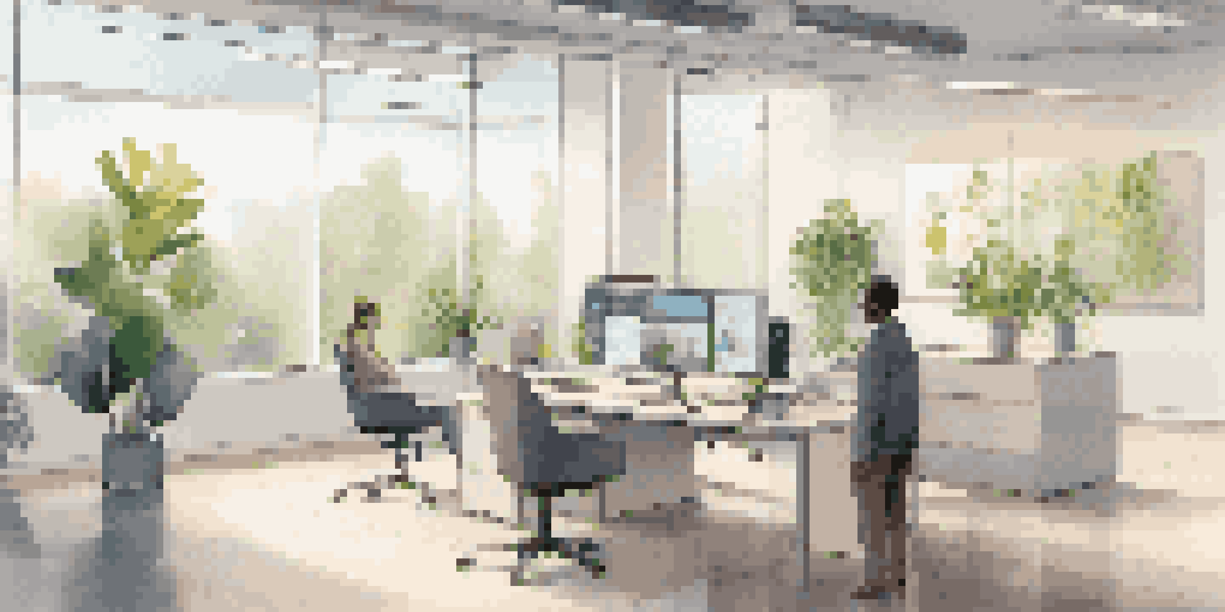 A contemporary office featuring an employee using an AI data privacy dashboard, with large windows and plants in a bright, minimalist setting.