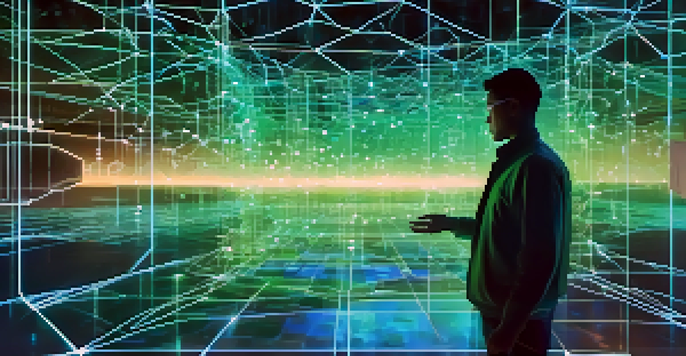 A digital landscape with glowing nodes and a person interacting with a holographic interface displaying their digital identity.