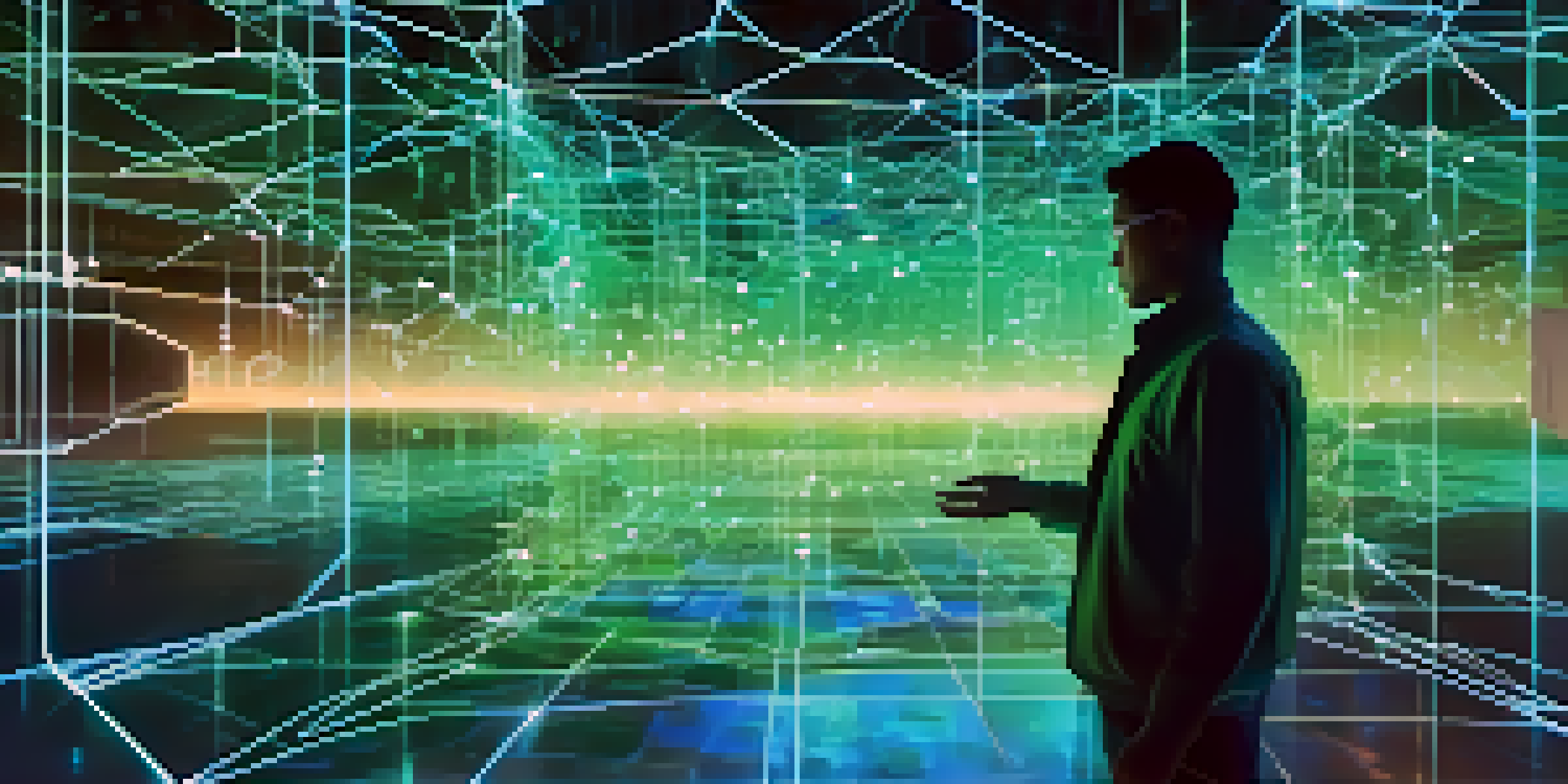 A digital landscape with glowing nodes and a person interacting with a holographic interface displaying their digital identity.