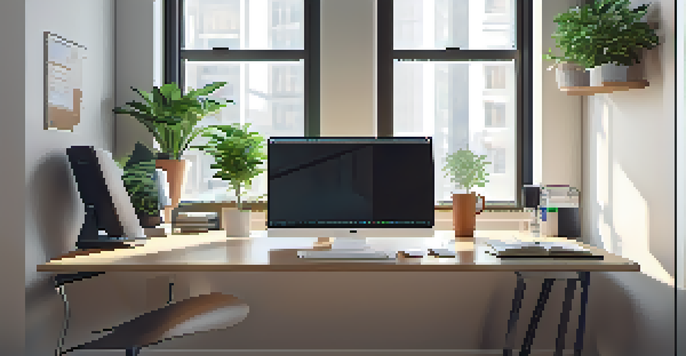 A modern office workspace with a computer showing a CMS dashboard, a potted plant, a notebook, and a coffee cup, illuminated by natural light.