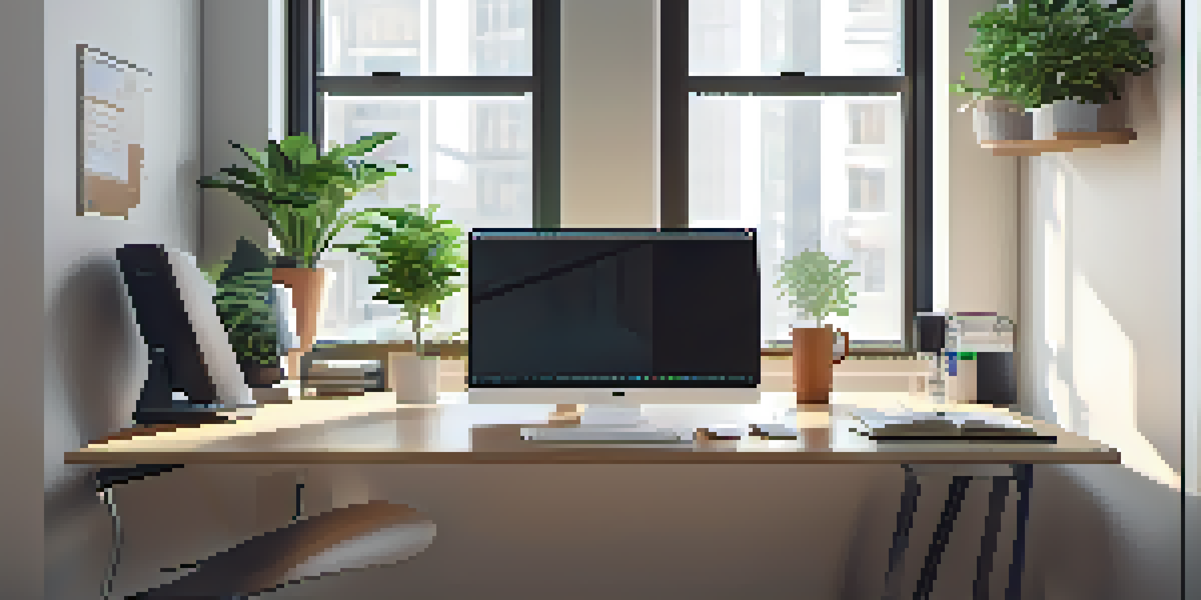 A modern office workspace with a computer showing a CMS dashboard, a potted plant, a notebook, and a coffee cup, illuminated by natural light.
