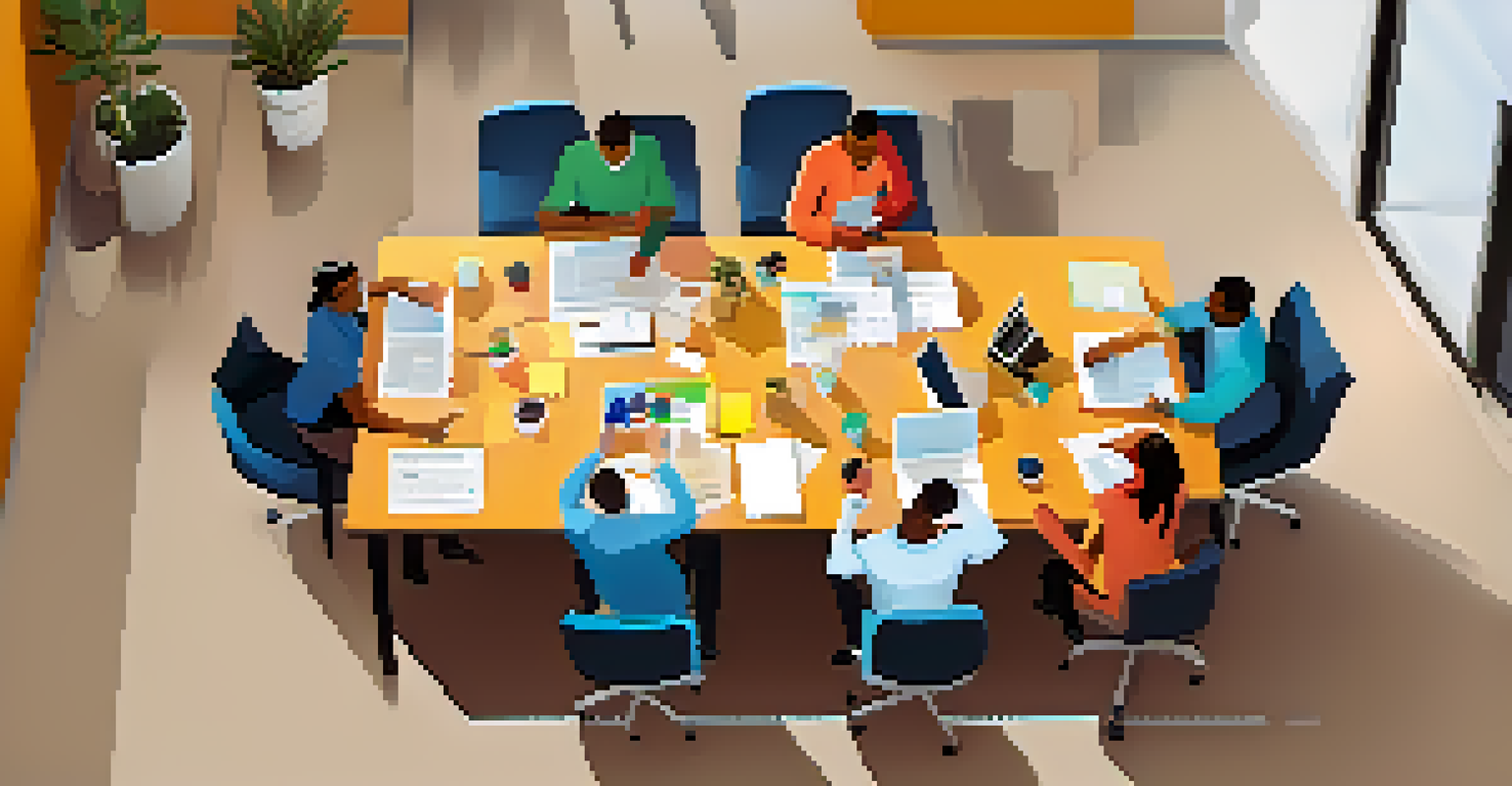 An overhead view of a team brainstorming in a conference room, surrounded by laptops and sticky notes.