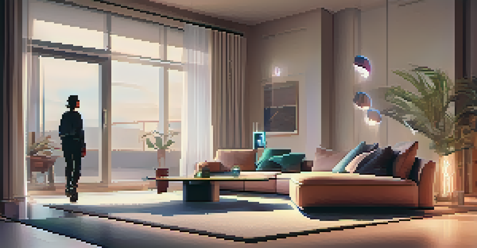 A person relaxing in a modern living room, interacting with a voice-activated home assistant while seated on a stylish couch.