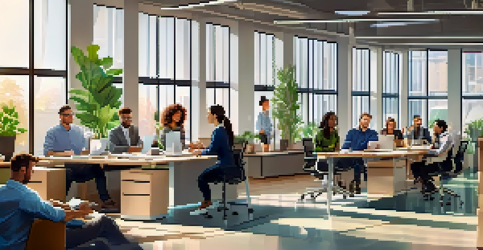 A diverse group of professionals collaborating in a modern office, with laptops and natural light.