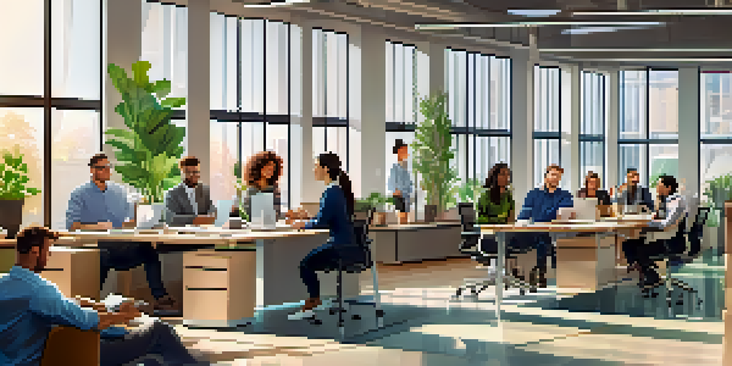 A diverse group of professionals collaborating in a modern office, with laptops and natural light.