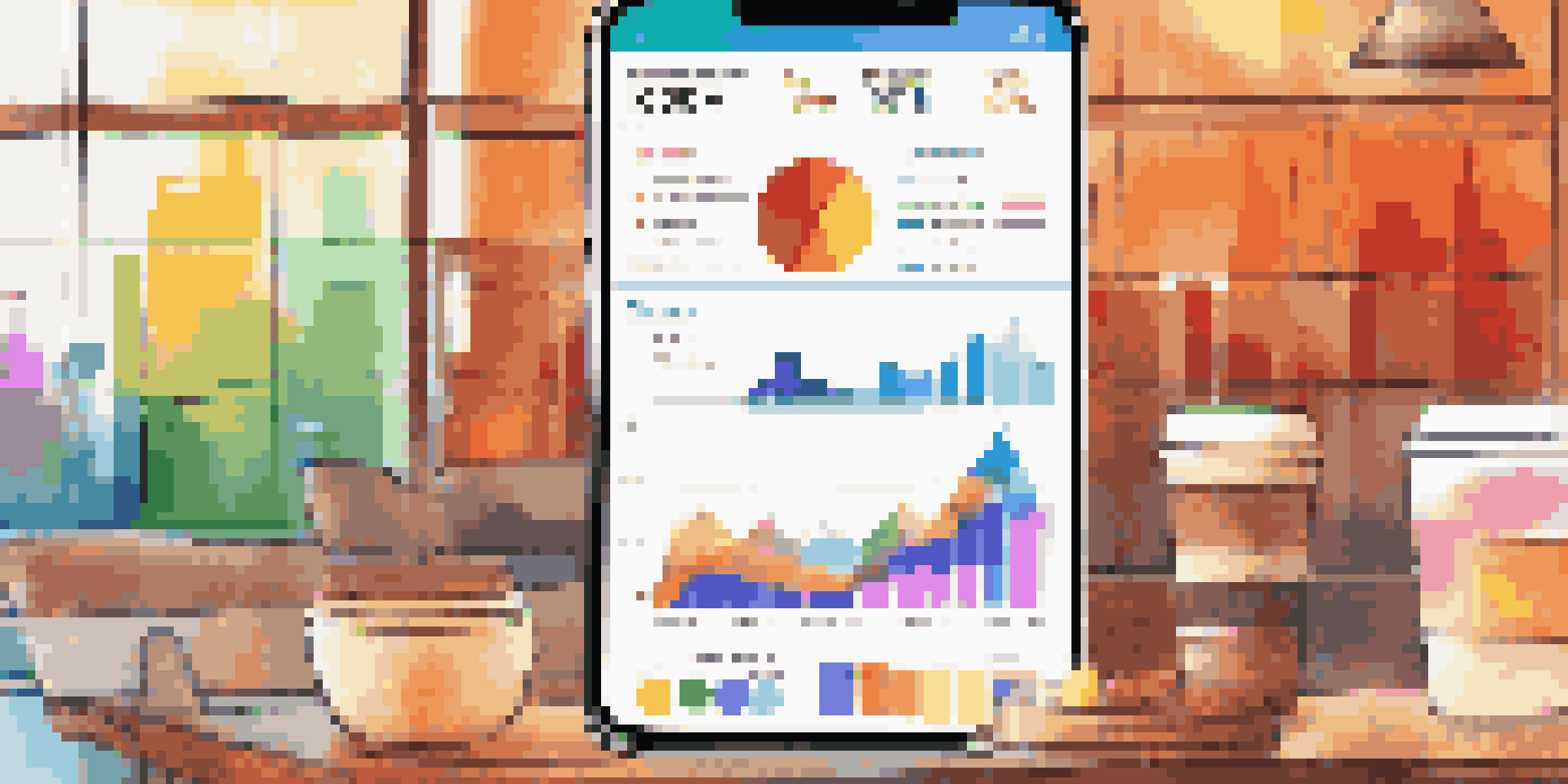 A smartphone displaying a colorful data visualization dashboard in a coffee shop setting.