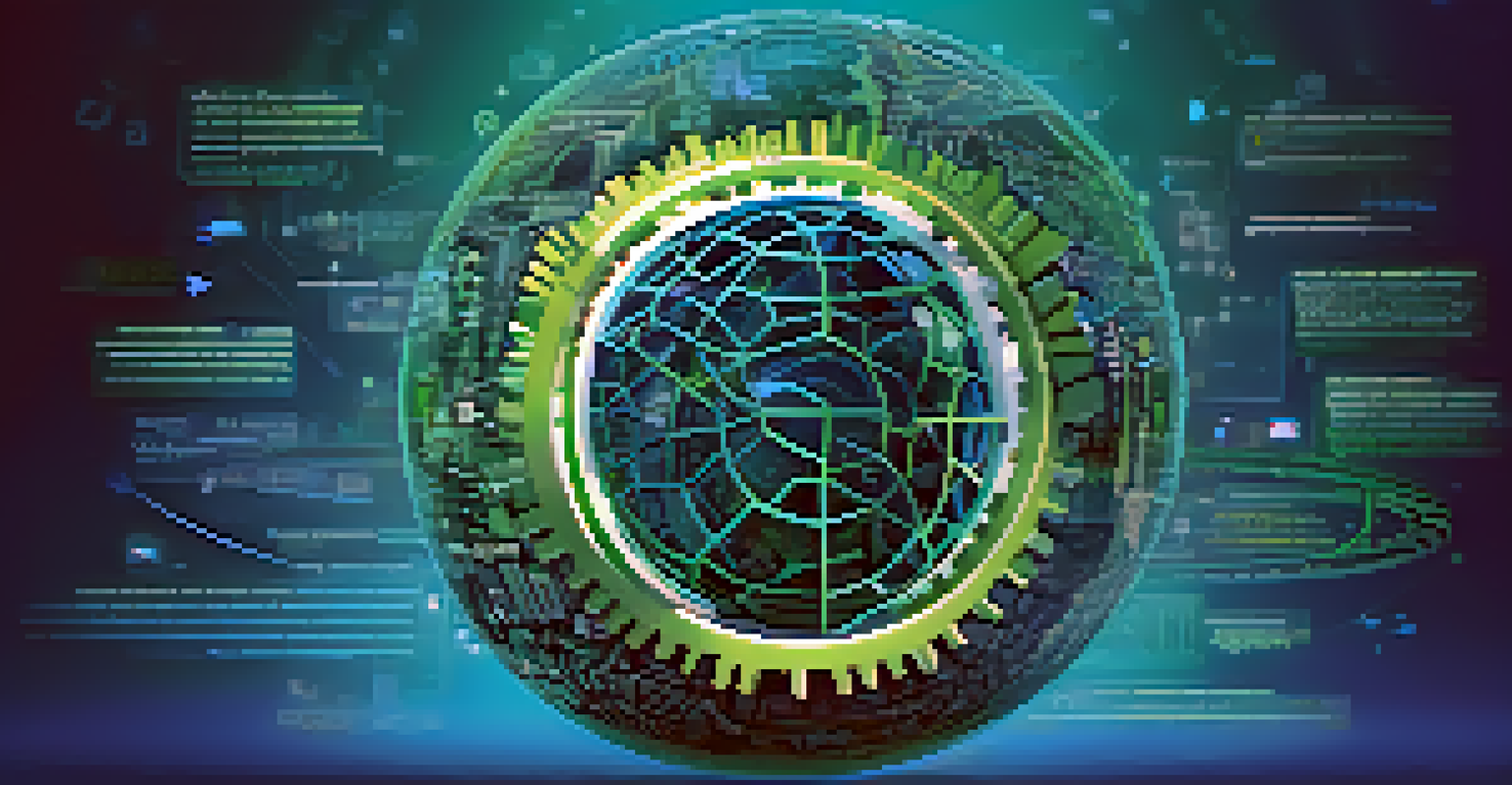 An artistic representation of open source software with gears and code snippets around a globe, set against a blue and green background.