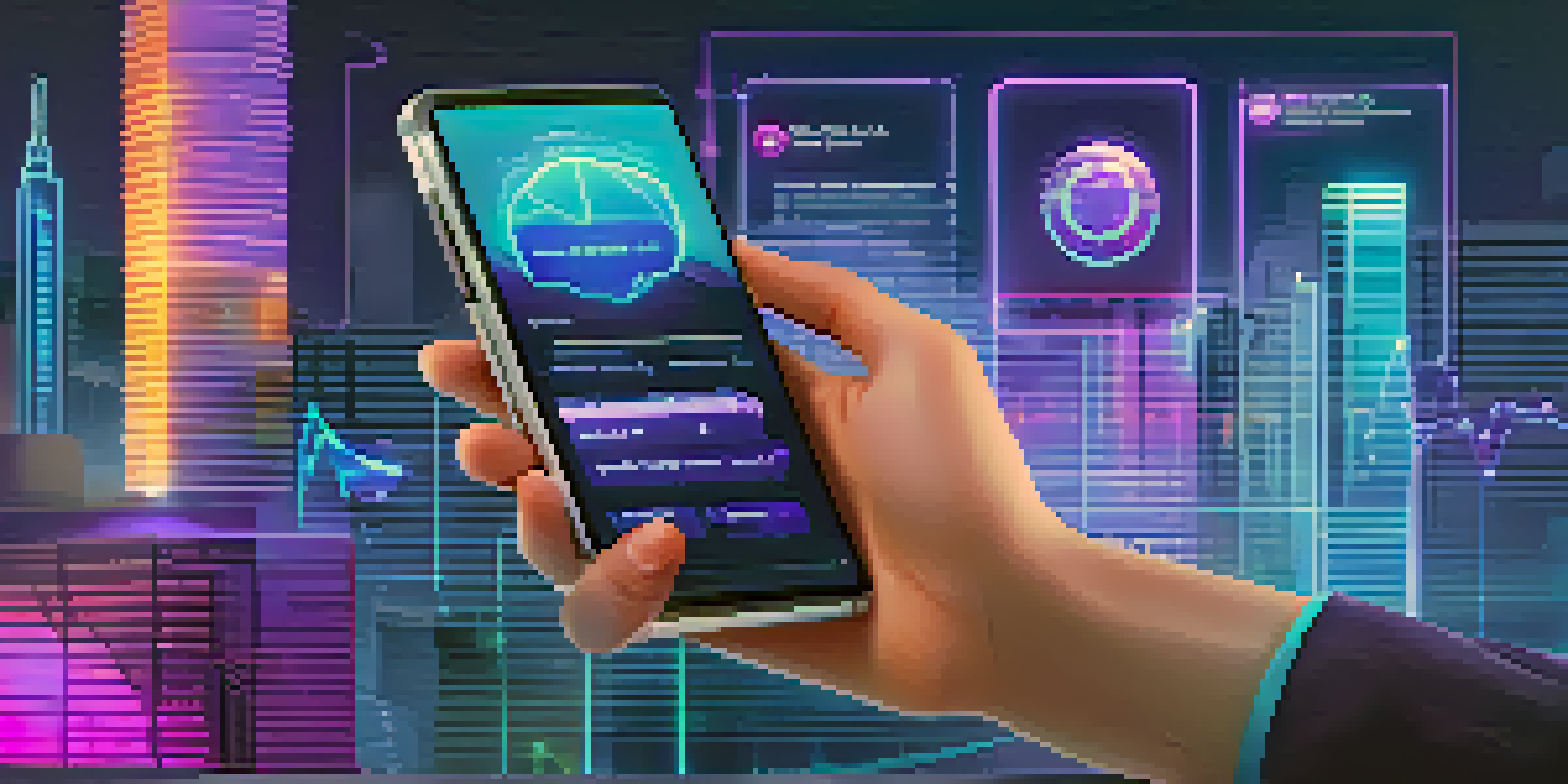 A modern touchscreen device showing a digital payment interface with graphs and charts, set against a blurred cityscape at night with neon lights.