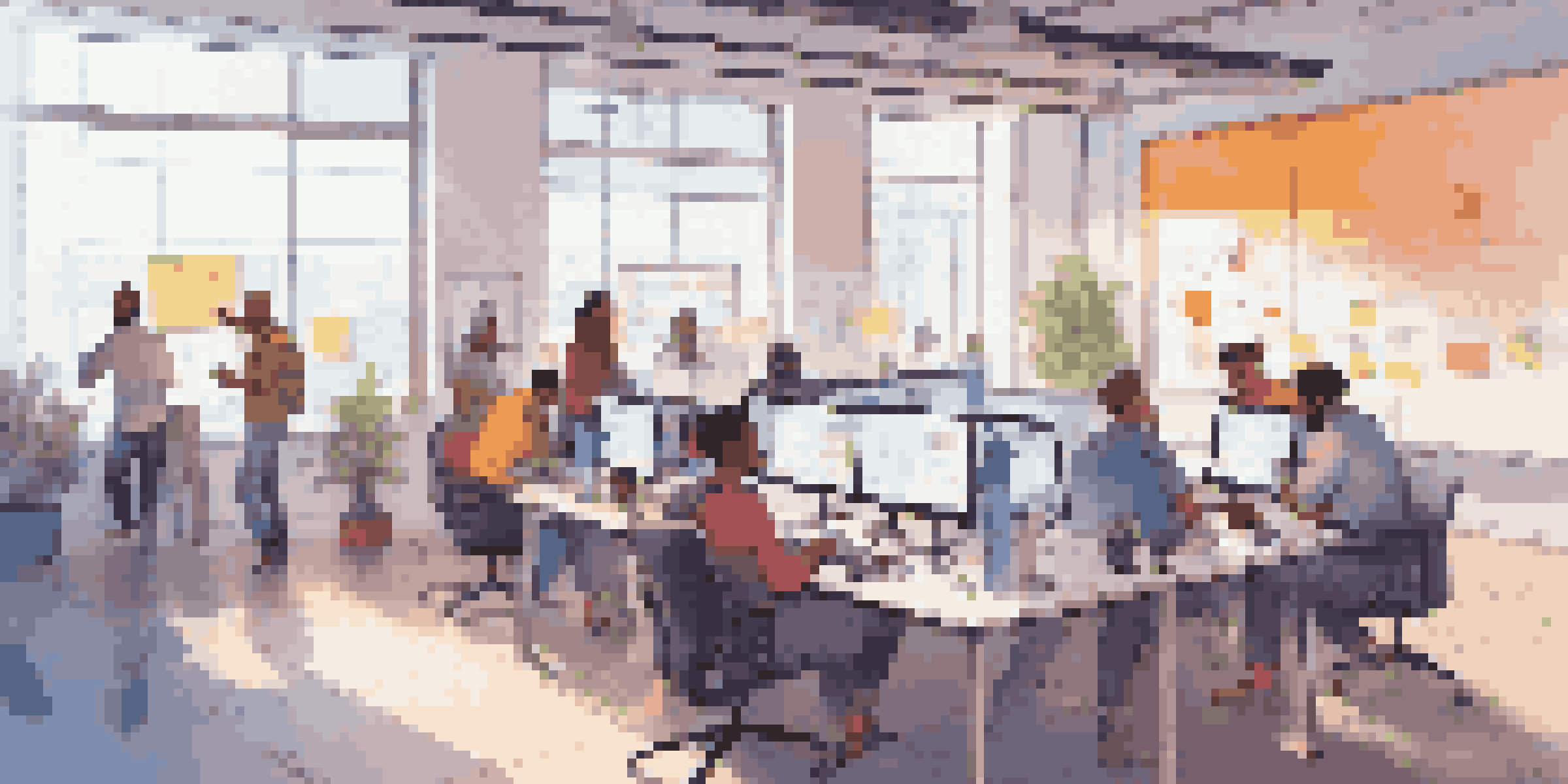 A diverse group of developers collaborating in a modern workspace, with laptops and colorful UI designs, whiteboards filled with diagrams, and natural light coming through windows.