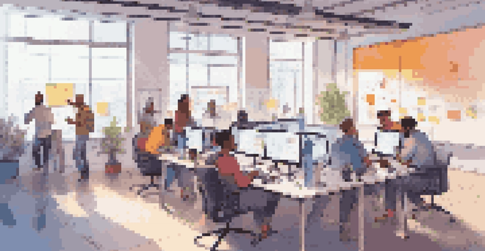 A diverse group of developers collaborating in a modern workspace, with laptops and colorful UI designs, whiteboards filled with diagrams, and natural light coming through windows.