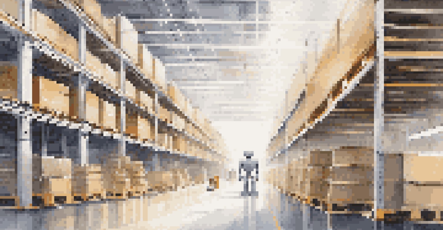 A modern warehouse with robots transporting goods, bright lighting, and organized shelves.