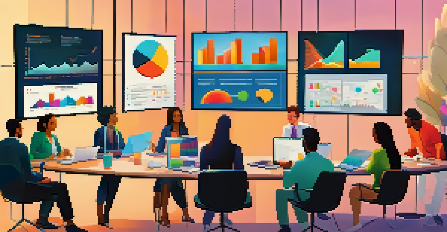 A diverse team in a conference room discussing marketing strategies with charts and laptops.