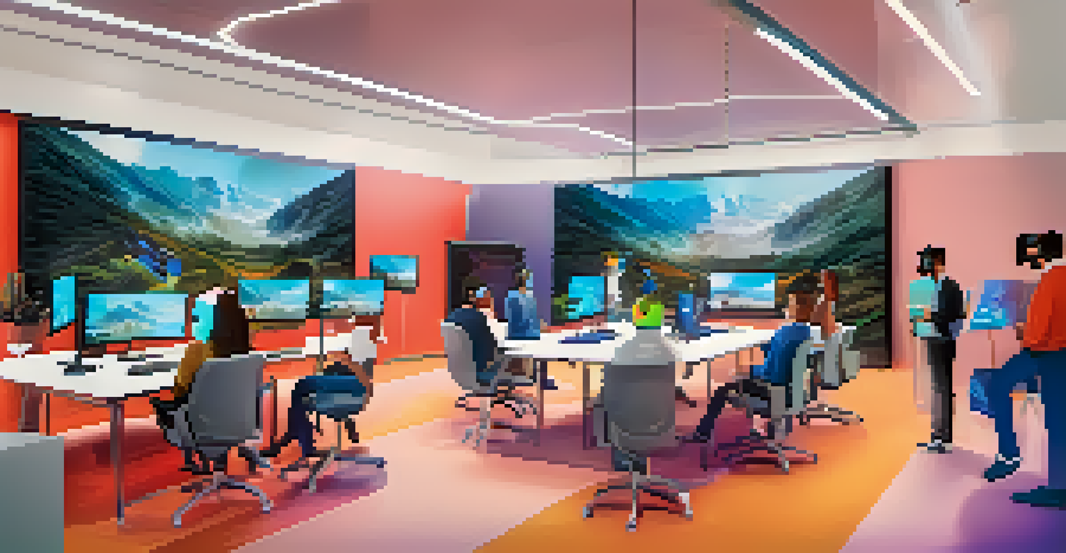 A virtual reality meeting room with colleagues wearing VR headsets, engaging with 3D models in a vibrant environment.