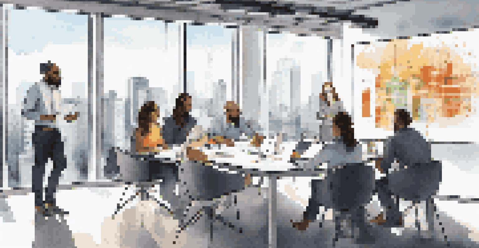 A diverse team collaborating around a table in a modern office.