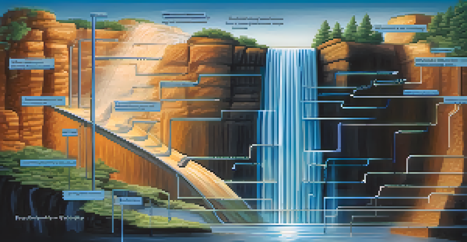 An abstract graphic illustrating the Waterfall methodology in software development with labeled steps in a blue gradient background.