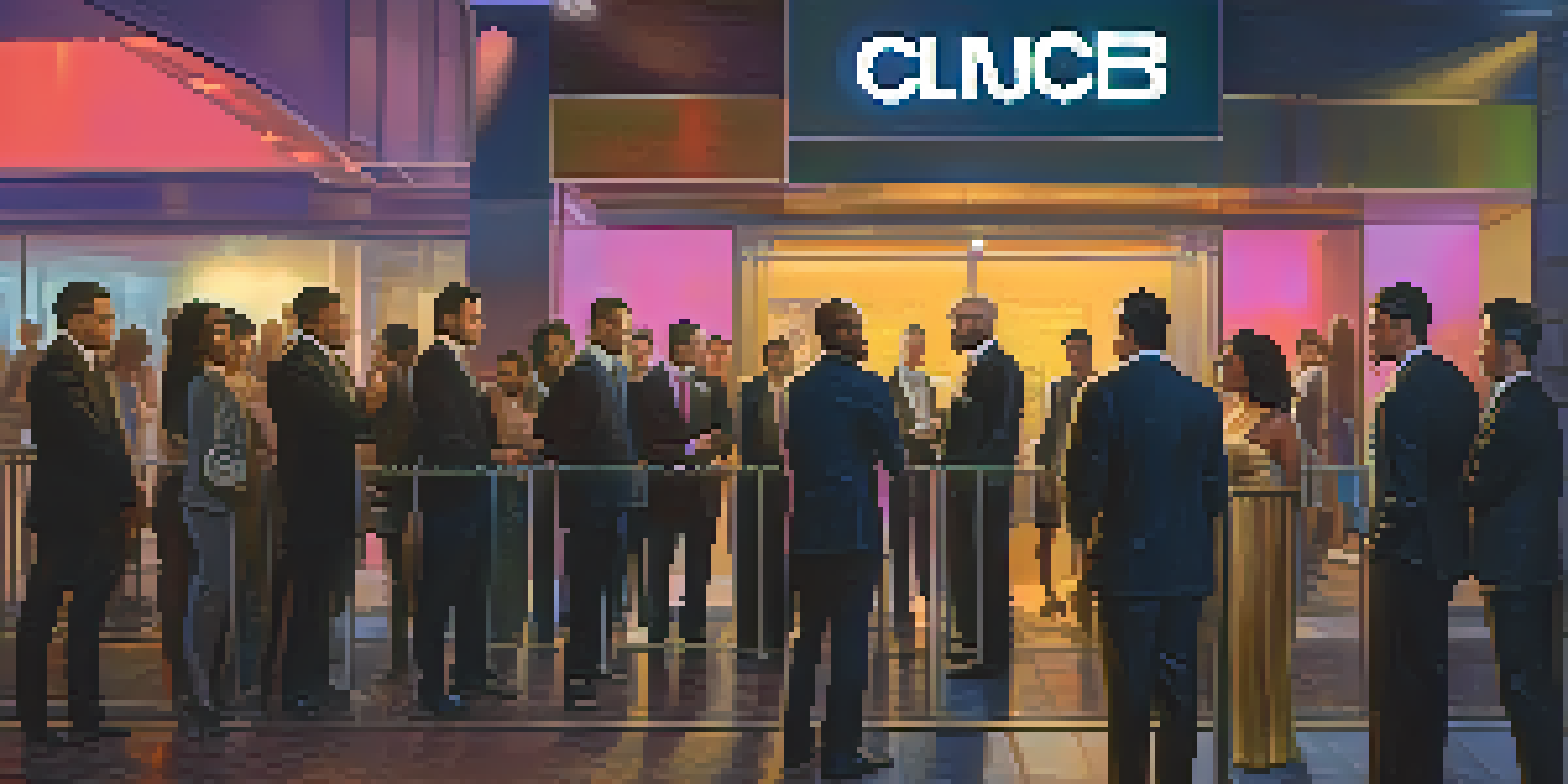 A digital bouncer checking IDs at a club entrance, with professionals in the background and soft lighting.