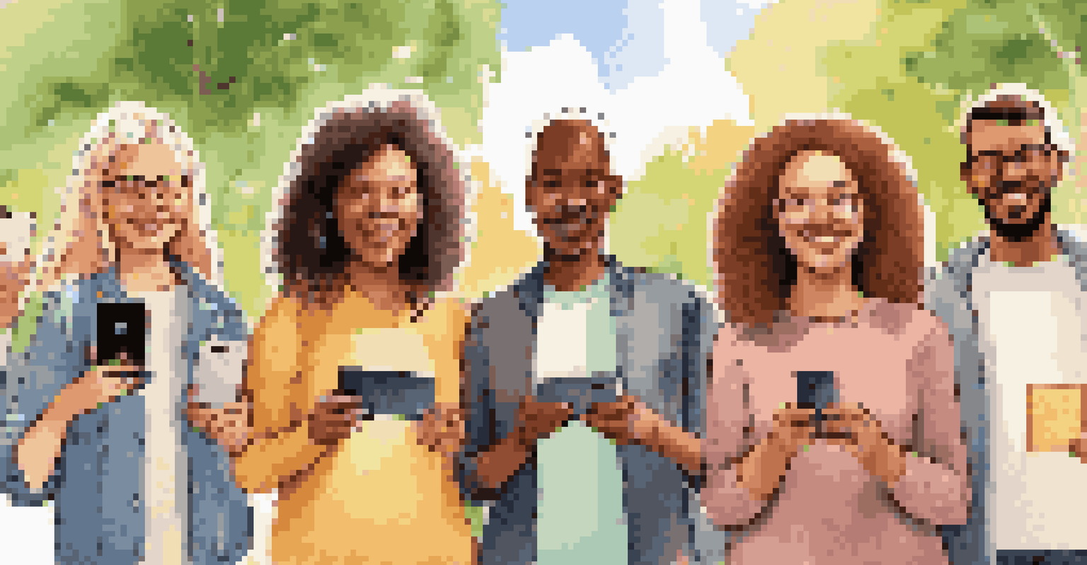 A diverse group of people in a park, each showing their smartphones with digital identity cards, symbolizing inclusivity.