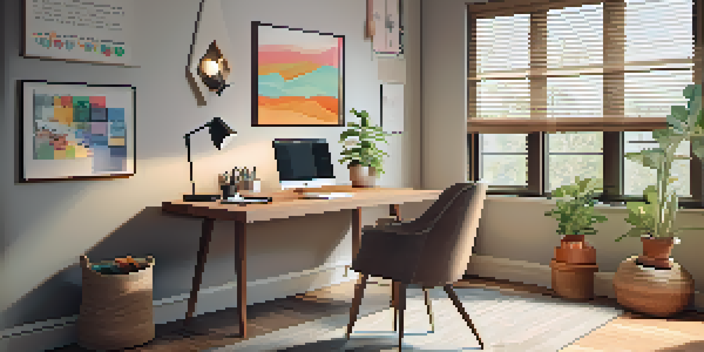 A modern home office with a wooden desk, laptop, potted plant, and cozy chair, bathed in soft natural light.