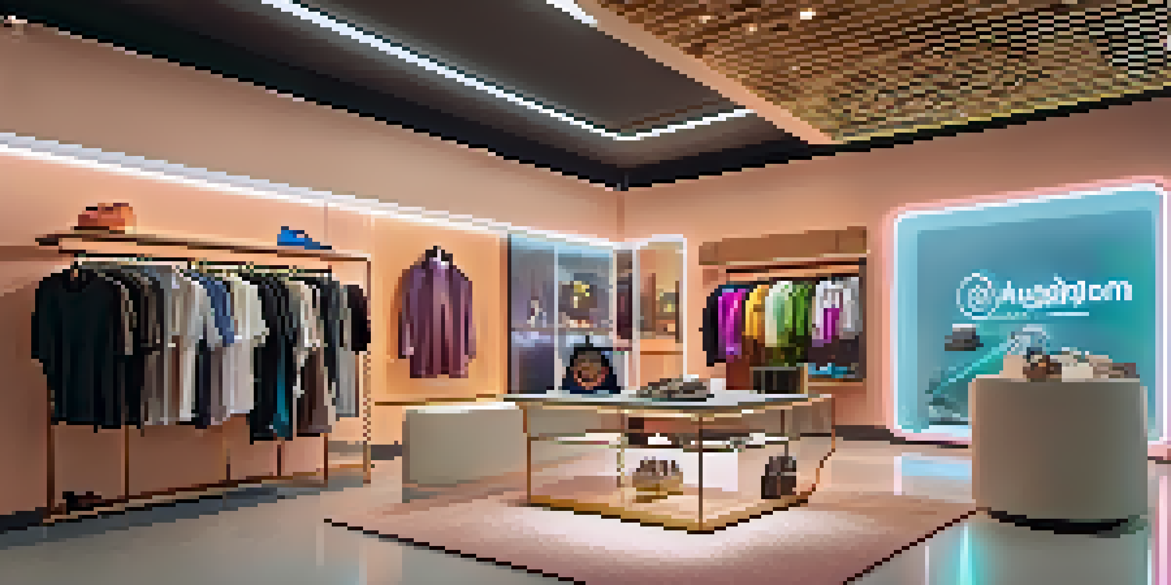 A modern retail store with customers interacting with augmented reality clothing displays, featuring colorful holograms and a cozy atmosphere.
