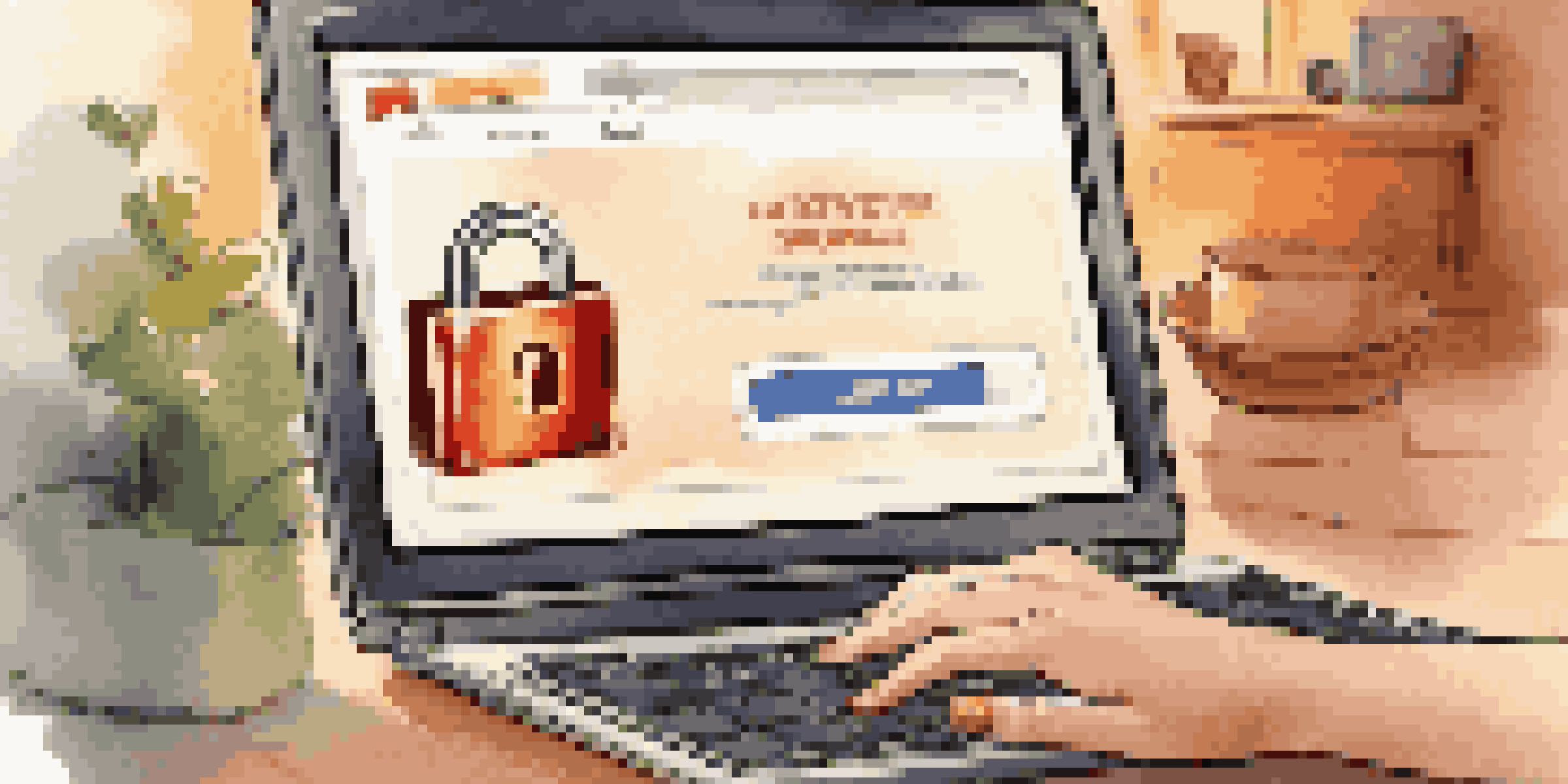 A computer screen showing a secure online shopping website with a padlock icon, and a hand near a credit card, in a warm atmosphere.