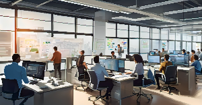 A diverse team of professionals working together in a bright, modern office space, collaborating on software development.