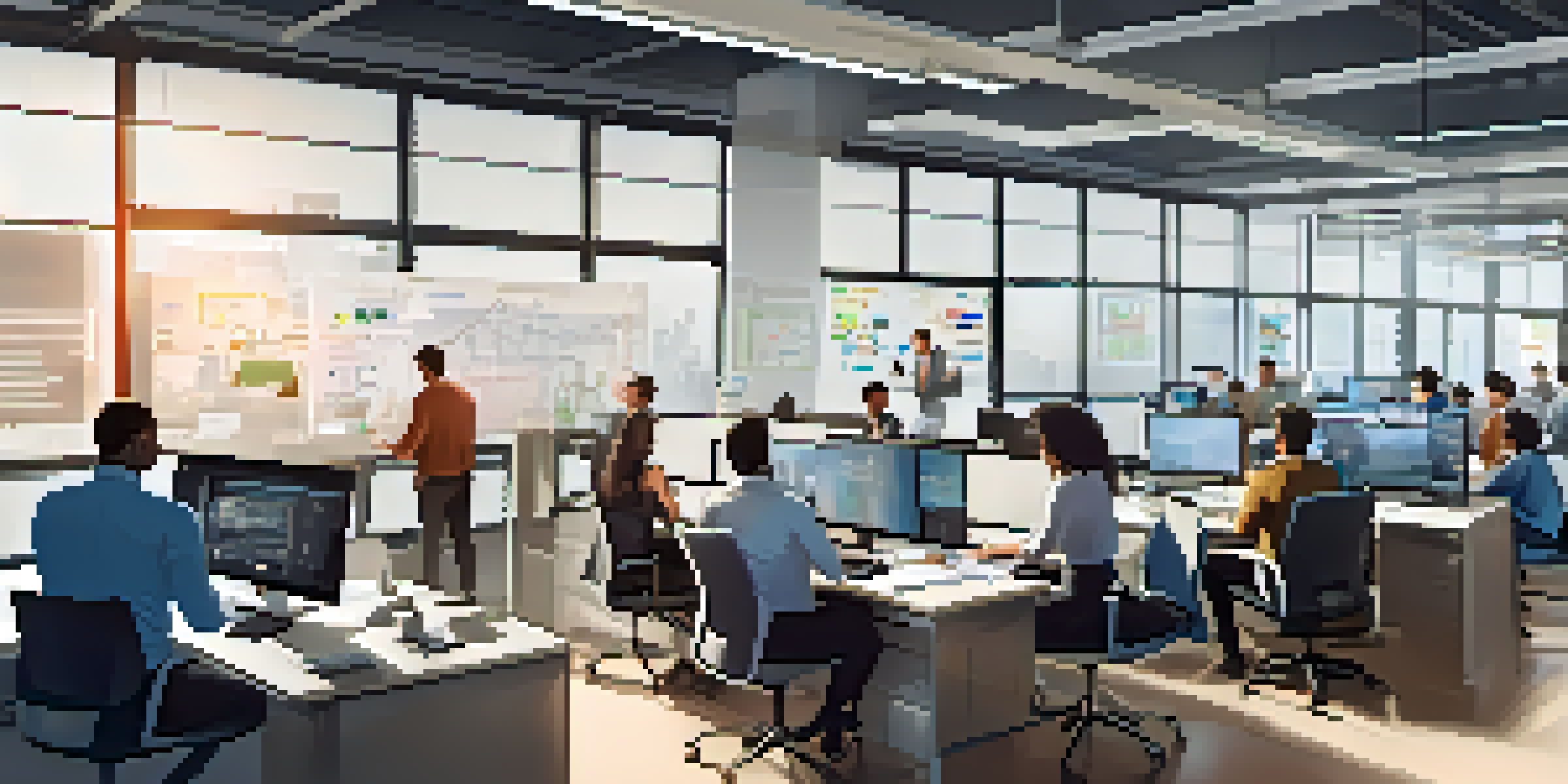 A diverse team of professionals working together in a bright, modern office space, collaborating on software development.