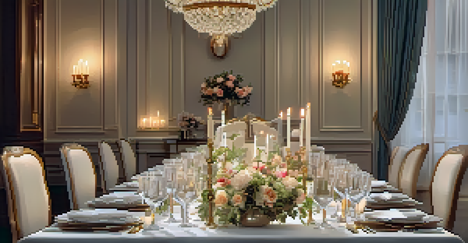 A beautifully set dining table with fine china and candles, creating an elegant atmosphere for a dinner party.