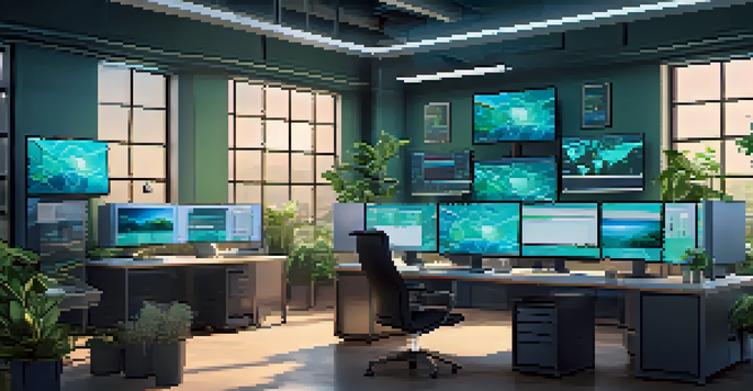 A contemporary IT workspace with multiple screens showing virtualization software, natural light, and potted plants.