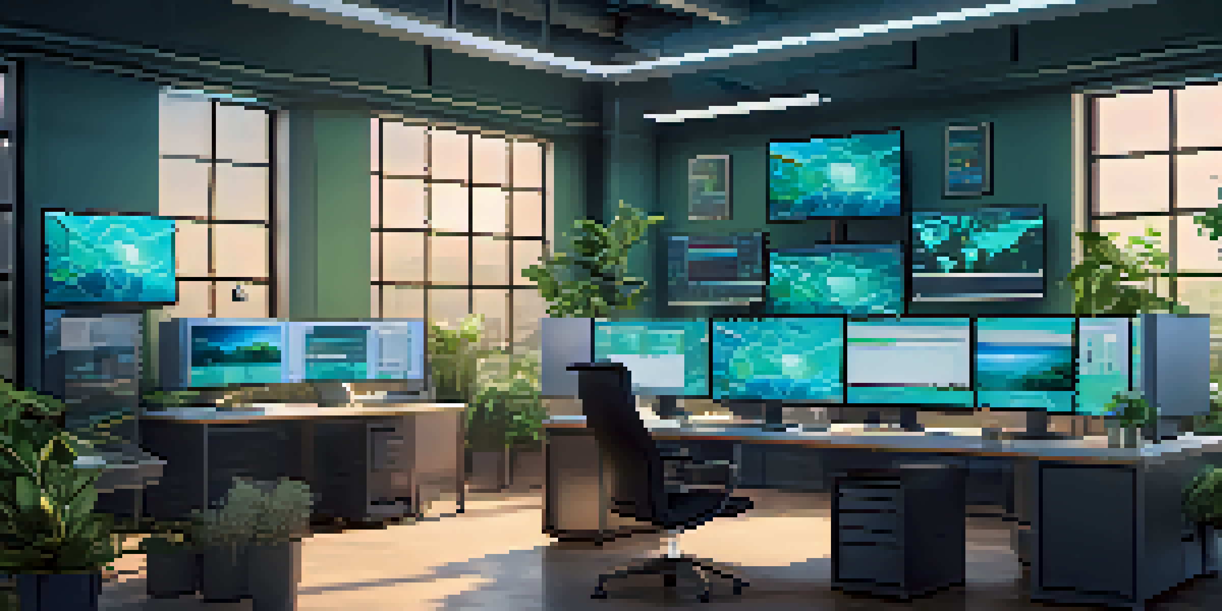 A contemporary IT workspace with multiple screens showing virtualization software, natural light, and potted plants.