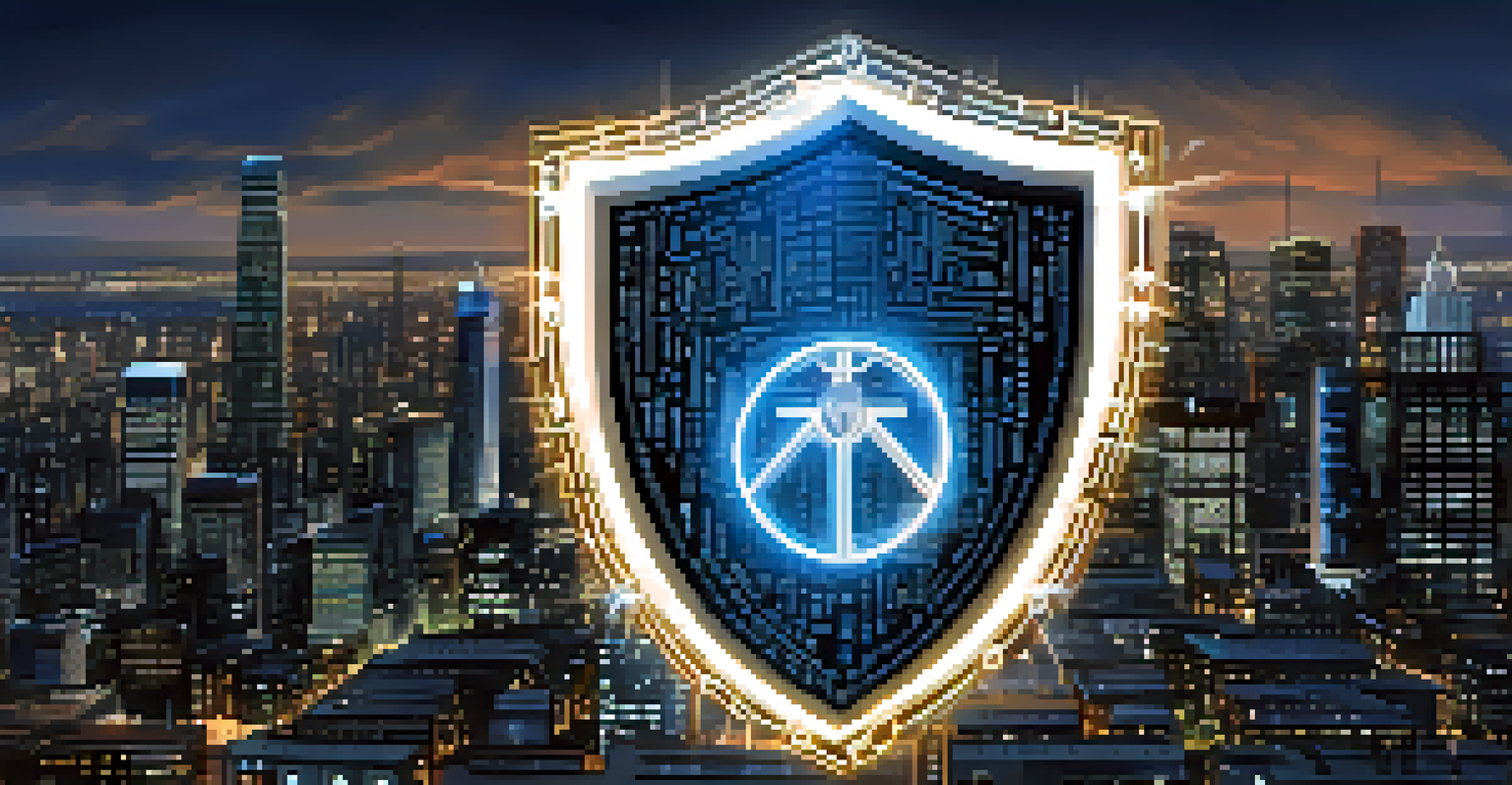 A digital shield made of code against a city skyline, symbolizing online anonymity and protection.