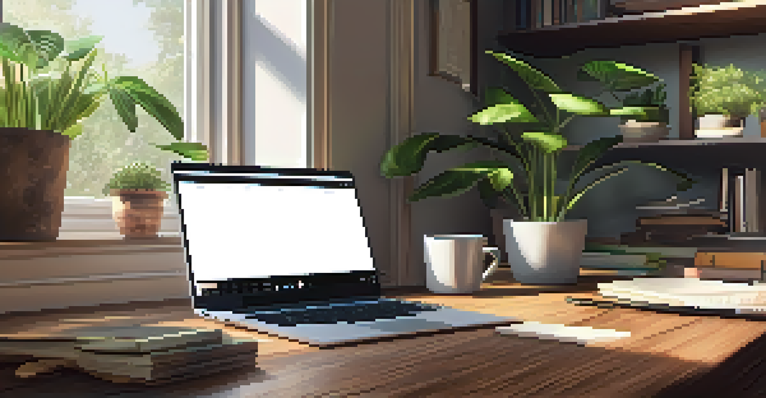 A warm and inviting workspace with a laptop, plants, and a cup of coffee on a wooden desk.