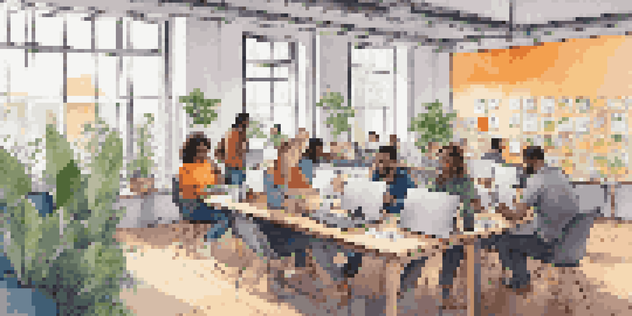 A diverse group of developers collaborating in a bright co-working space filled with laptops, sticky notes, and plants.
