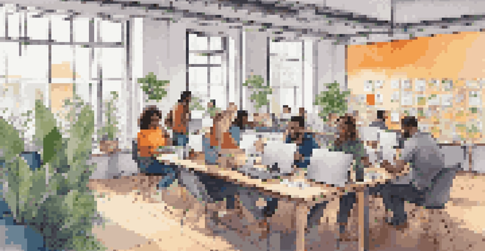 A diverse group of developers collaborating in a bright co-working space filled with laptops, sticky notes, and plants.