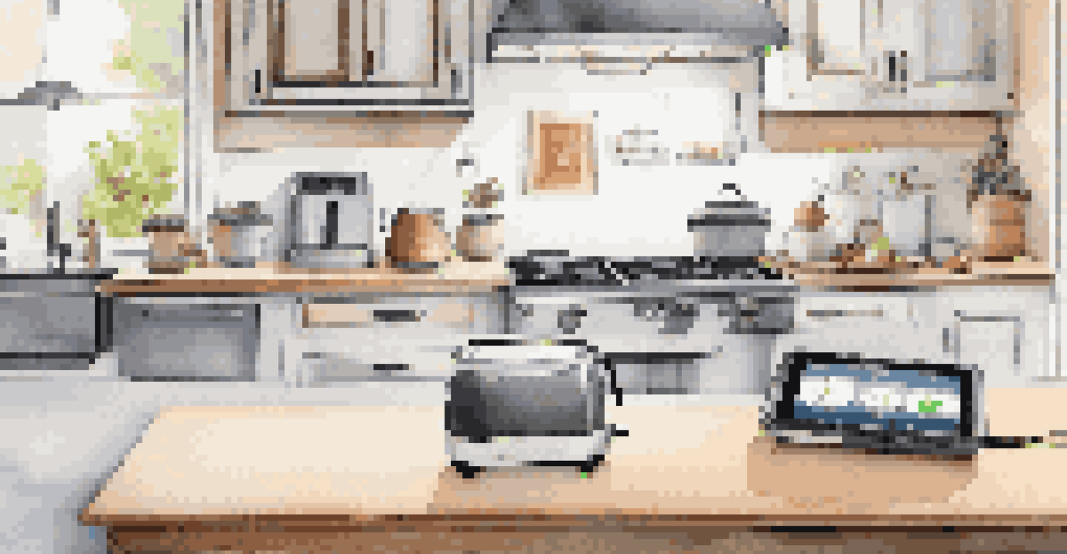 A modern kitchen featuring smart plugs monitoring energy usage of appliances.