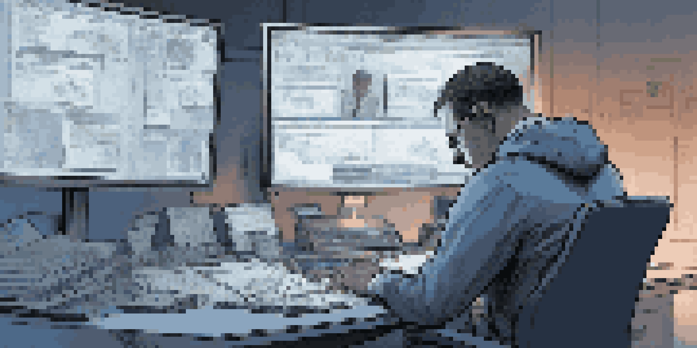 A forensic analyst at a workstation, analyzing an email on a computer screen in a dimly lit room.