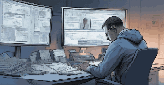 A forensic analyst at a workstation, analyzing an email on a computer screen in a dimly lit room.