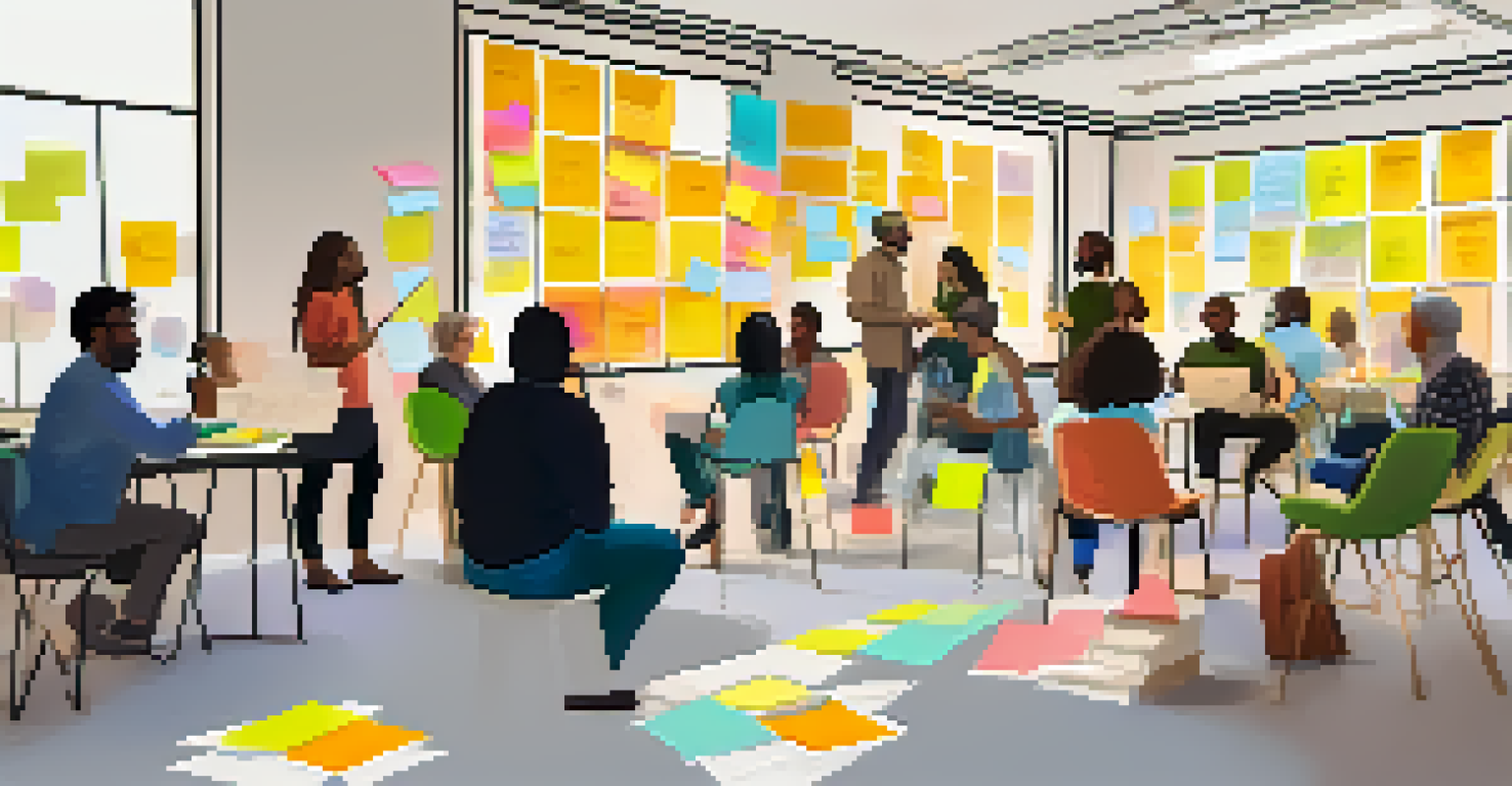 A community workshop with diverse participants collaborating on inclusive design ideas, surrounded by colorful notes and diagrams, in a warm and inviting environment.